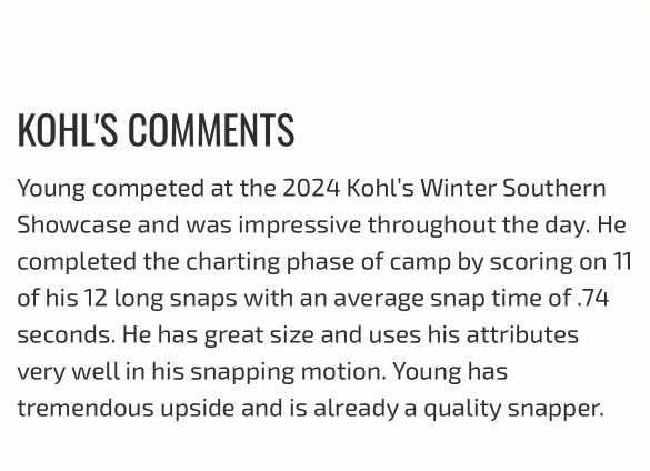 Isaac Young (LS 4.5⭐️) (@isaacyoung36) on Twitter photo I blessed to have earned 4.5⭐️ and the #50 long snapper in the class of 2025 from <a href="/KohlsHighlights/">Kicking, Punting, Long Snapping Highlights</a> <a href="/KohlsSnapping/">Kohl's Snapping Camps</a> <a href="/Coach_Casper/">Coach Casey Casper</a>
<a href="/JCLaw_49/">Jared Lawrence</a> <a href="/CamCurtis_MTSU/">Cam Curtis</a> @STCoachMeleUNC <a href="/JettHendrix/">Jett Hendrix</a> <a href="/FrankWilsonJr/">Frank Wilson Jr</a> <a href="/CoachMattWKU/">Matt Pulford</a> <a href="/CoachSchex/">Kody Schexnayder</a> <a href="/coachseansnyder/">Sean Snyder</a> <a href="/CoachDWorthamSr/">Dwartney Wortham</a> <a href="/Matt_Moran_/">Matt Moran</a> I blessed to have earned 4.5⭐️ and the #50 long snapper in the class of 2025 from <a href="/KohlsHighlights/">Kicking, Punting, Long Snapping Highlights</a> <a href="/KohlsSnapping/">Kohl's Snapping Camps</a> <a href="/Coach_Casper/">Coach Casey Casper</a>
<a href="/JCLaw_49/">Jared Lawrence</a> <a href="/CamCurtis_MTSU/">Cam Curtis</a> @STCoachMeleUNC <a href="/JettHendrix/">Jett Hendrix</a> <a href="/FrankWilsonJr/">Frank Wilson Jr</a> <a href="/CoachMattWKU/">Matt Pulford</a> <a href="/CoachSchex/">Kody Schexnayder</a> <a href="/coachseansnyder/">Sean Snyder</a> <a href="/CoachDWorthamSr/">Dwartney Wortham</a> <a href="/Matt_Moran_/">Matt Moran</a>