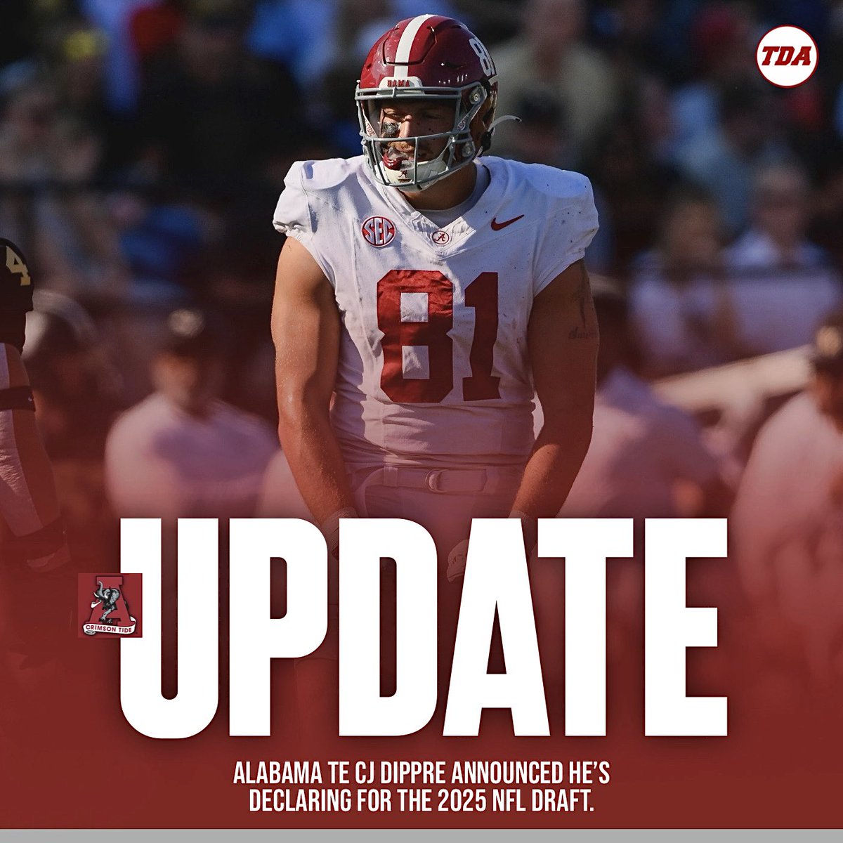 BREAKING: Alabama TE CJ Dippre has declared for the 2025 NFL Draft.