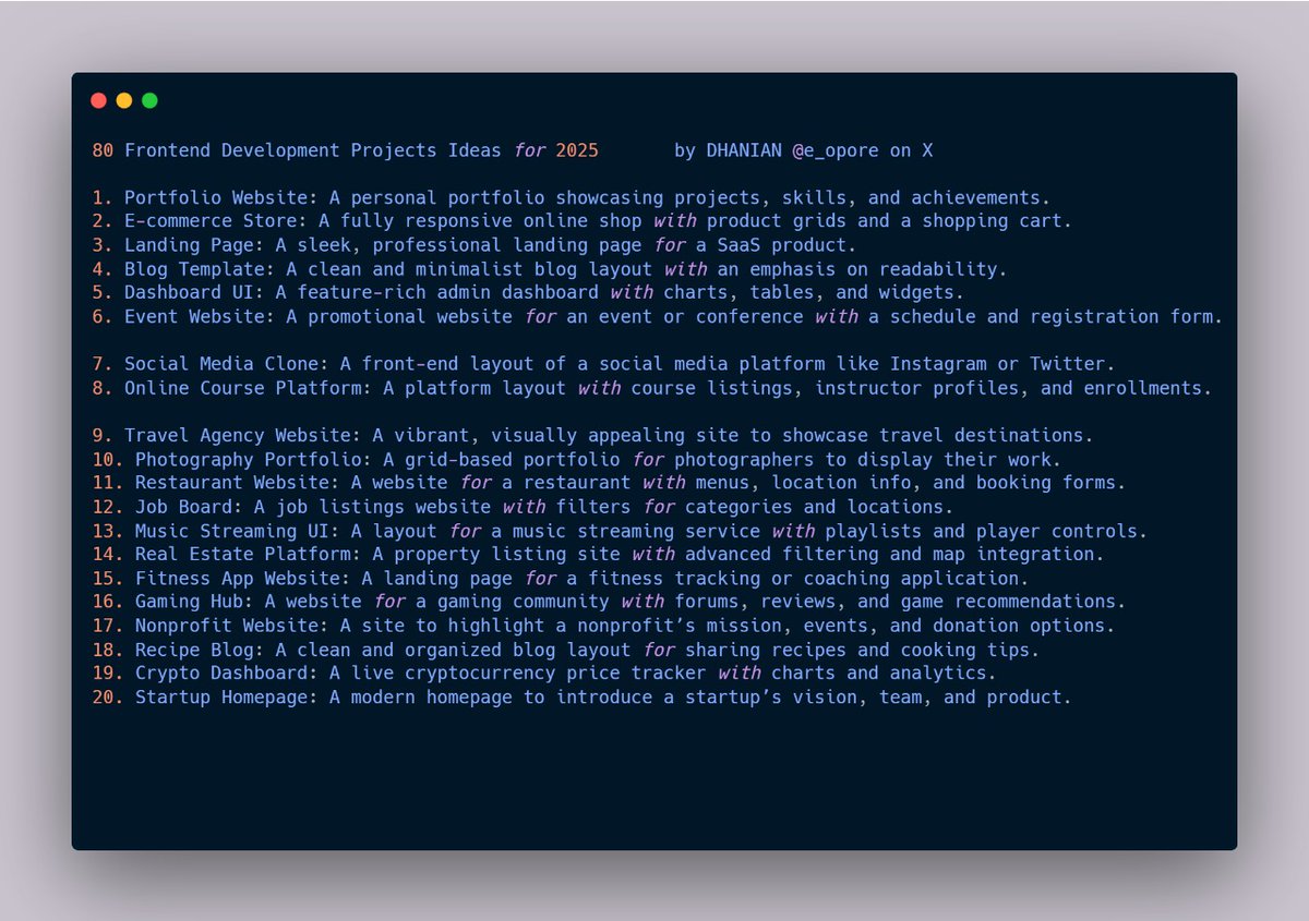 e_opore's tweet image. 80 Frontend Development Projects Ideas for 2025.