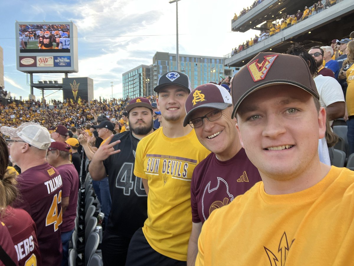 steelematt69's tweet photo. This was from the BYU game. Proud of the Sun Devils and all they accomplished this year. The Peach Bowl was exciting even though it wasn’t the finish my sons and I cheered for. What a Season!!! Skattebo is well…AWESOME!!! Excited for next season. Go devils!!!🏈 https://t.co/HfGOf25FD2