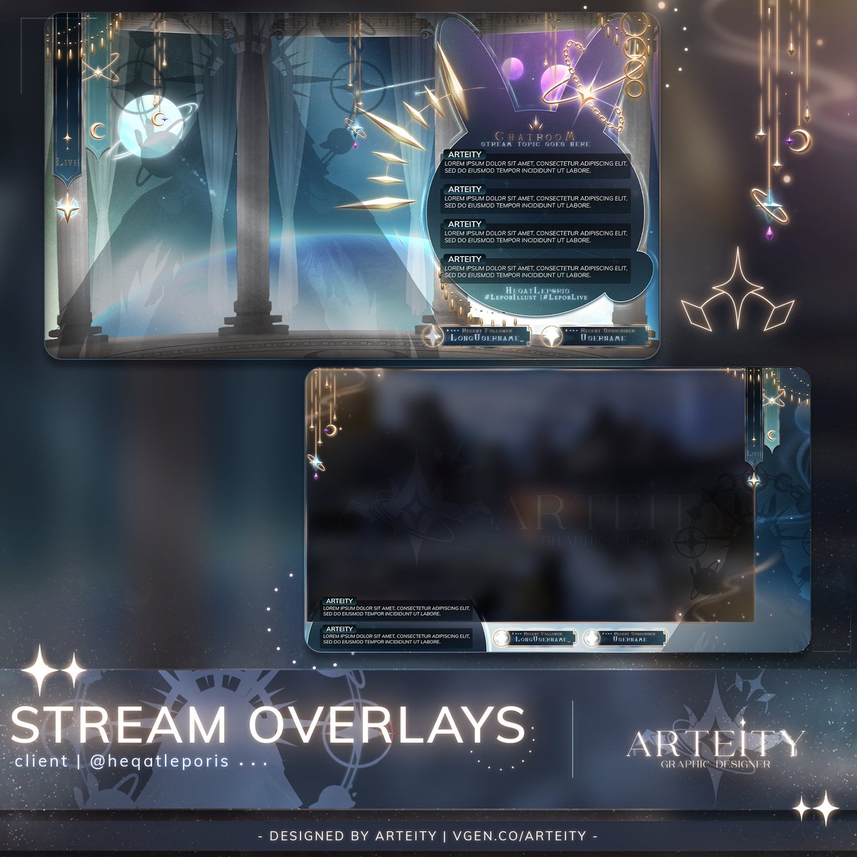 【 ✧.* Stream Overlays Showcase *.✧ 】
—➤ I made <a href="/HeqatLeporis/">Heqat 🐰💫 Delulu Vtuber</a> 's Just Chatting and Gaming Overlays again! Thank you so much for your continued support!! 💫🐇

♡ + ↻ are appreciated!~╰(⸝⸝⸝´꒳`⸝⸝⸝)╯     
#VTuberAssets ✦ #Vtuber  ✦ #arteitydesign