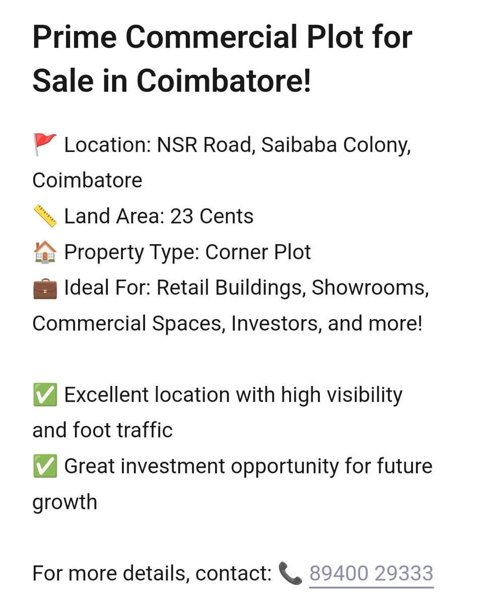 Dhanvi_Ventures's tweet image. #CoimbatoreRealEstate #CommercialPlot #PropertyForSale #InvestmentOpportunity #PrimeLocation #SaibabaColony #NSRRoad #RetailSpaces #ShowroomPlot #CommercialProperty #LandForSale #CornerPlot #RealEstateDeals #FutureGrowth #HighFootTraffic #BusinessSpace #RealEstateInvestment