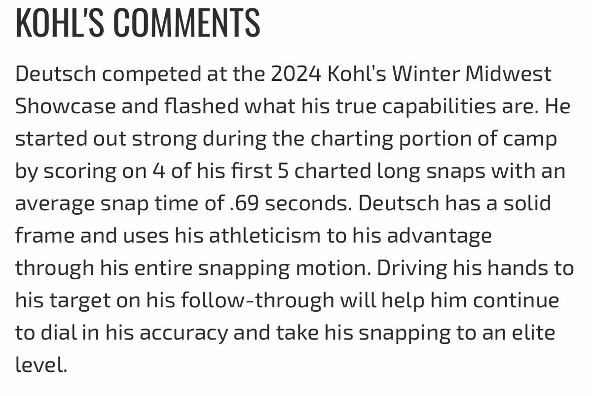 Eli Deutsch 4.5⭐️ 2026 Long Snapper (@elideutsch07) on Twitter photo Honored to be ranked a ⭐️⭐️⭐️⭐️ long snapper by <a href="/KohlsSnapping/">Kohl's Snapping Camps</a>. More to come in the future💪💪. Looking for any and all opportunities.
<a href="/CoachWiske/">Ken Wiske</a> <a href="/Coach_Casper/">Coach Casey Casper</a> Honored to be ranked a ⭐️⭐️⭐️⭐️ long snapper by <a href="/KohlsSnapping/">Kohl's Snapping Camps</a>. More to come in the future💪💪. Looking for any and all opportunities.
<a href="/CoachWiske/">Ken Wiske</a> <a href="/Coach_Casper/">Coach Casey Casper</a>