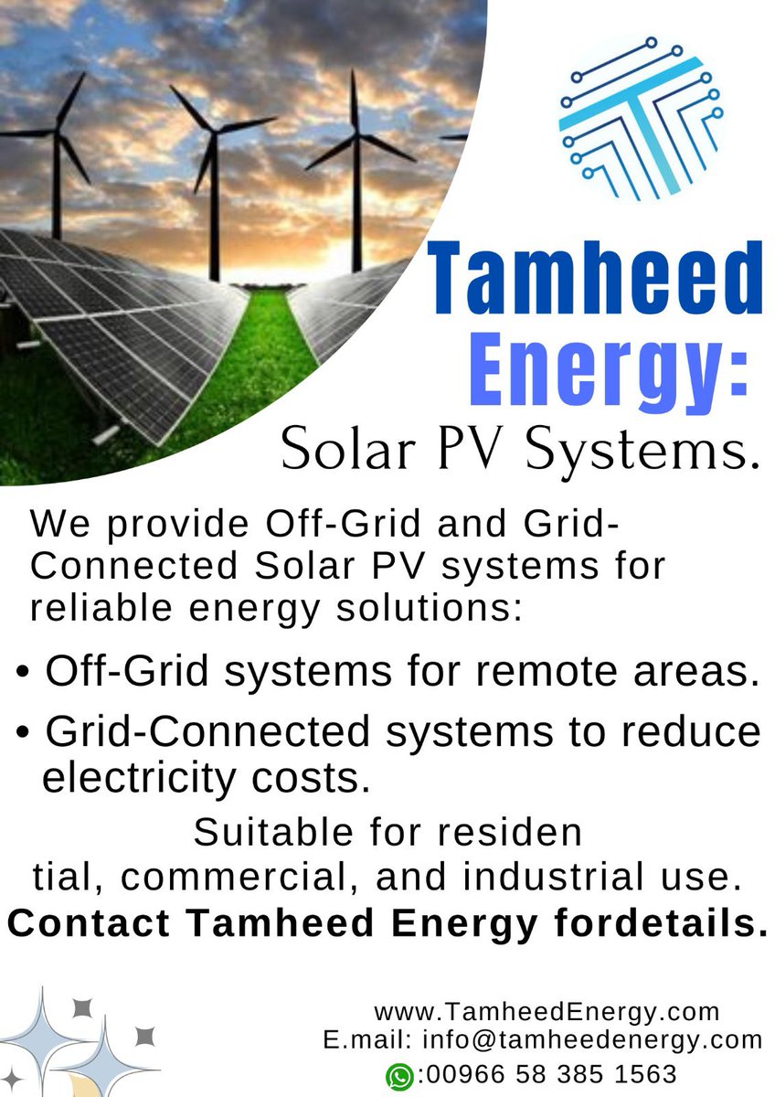 Tamheedenergy20's tweet image. #SolarEnergy #OffGrid #GridConnected #RenewableEnergy #Sustainability #EnergyEfficiency #TamheedEnergy