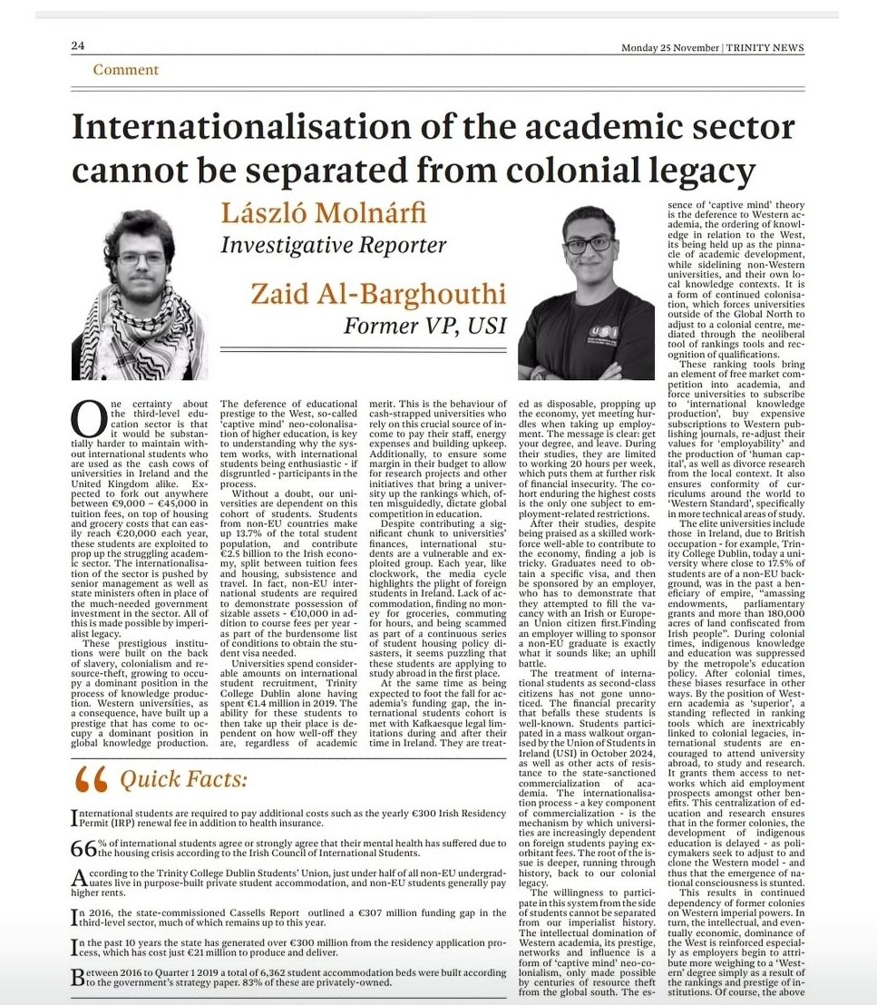 László Molnárfi (@lacicloud) on Twitter photo Our article with Zaid Albarghouthi in <a href="/Trinity_News/">Trinity News</a> on why the internationalisation of the academic sector and the difficulties faced by international students cannot be separated from colonial legacies. Our article with Zaid Albarghouthi in <a href="/Trinity_News/">Trinity News</a> on why the internationalisation of the academic sector and the difficulties faced by international students cannot be separated from colonial legacies.