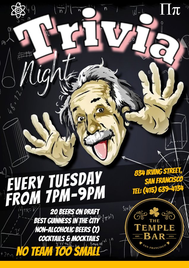 Trivia night starts up again on Tuesday nights starting this coming Tuesday, January 7th, at 7 pm. Why not test your trivial knowledge, bring to the team it's free to enter. No team to small. <a href="/SfTrivia/">SFTrivia</a>