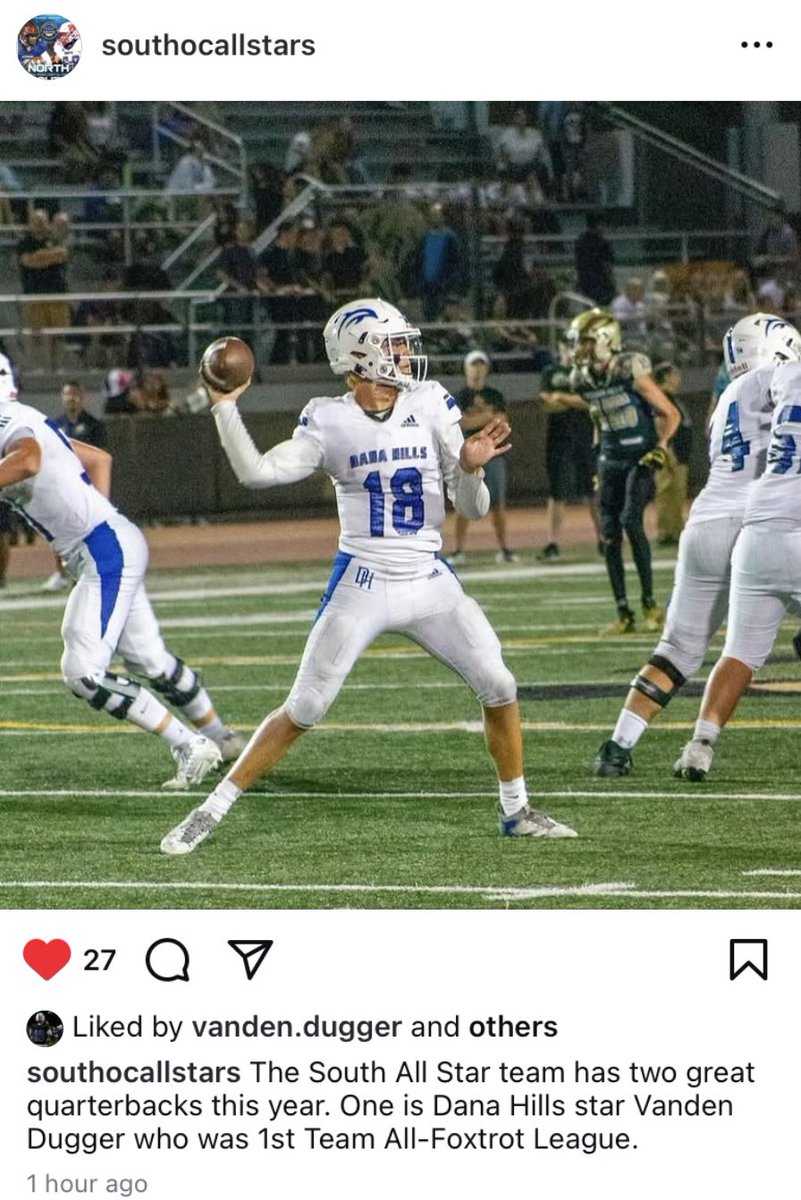 Vanden Dugger (@vanden_dugger) on Twitter photo Excited to be selected to the South Allstar team! Looking forward to representing Southern Cali. <a href="/SteveFryer/">Steve Fryer</a> <a href="/OCSportsZone/">OC Sports Zone</a> <a href="/latsondheimer/">eric sondheimer</a> <a href="/mikehuntley63/">Michael Huntley</a> <a href="/tonyhenney/">Tony Henney</a> <a href="/ocvarsityguy/">Dan Albano</a> <a href="/FootballDHHS/">DHHS Football</a> Excited to be selected to the South Allstar team! Looking forward to representing Southern Cali. <a href="/SteveFryer/">Steve Fryer</a> <a href="/OCSportsZone/">OC Sports Zone</a> <a href="/latsondheimer/">eric sondheimer</a> <a href="/mikehuntley63/">Michael Huntley</a> <a href="/tonyhenney/">Tony Henney</a> <a href="/ocvarsityguy/">Dan Albano</a> <a href="/FootballDHHS/">DHHS Football</a>
