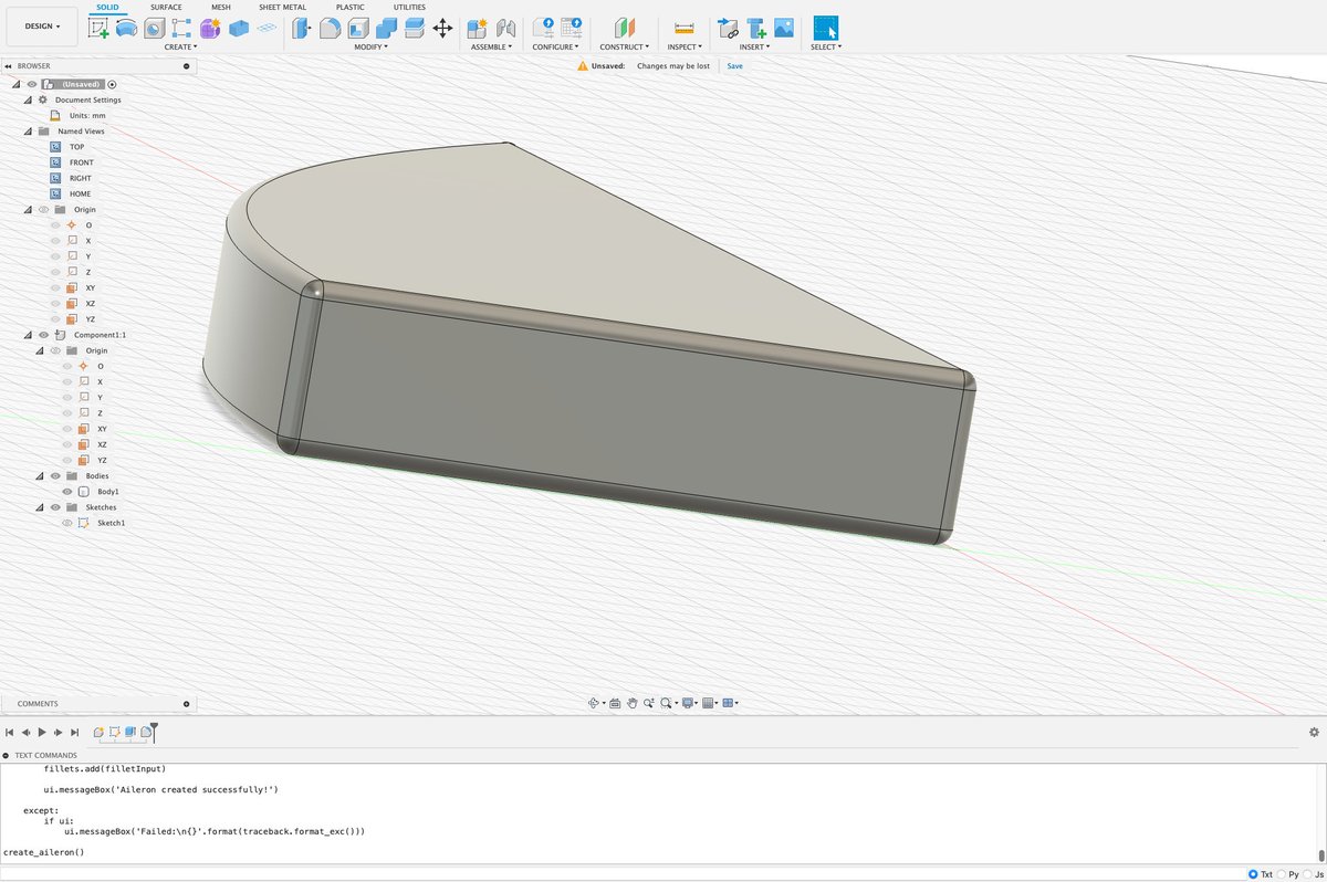 sullrich's tweet image. Happy new year! 

Delighted to share a Fusion 360 add-in that provides chatgpt like support to Fusion 360!  Check out the screenshots.   

Prompt:
provide an aileron that is 10&quot; long and 4&quot; thick from the base swoooping in as needed. Consider the aileron like a 50&apos;s p-54