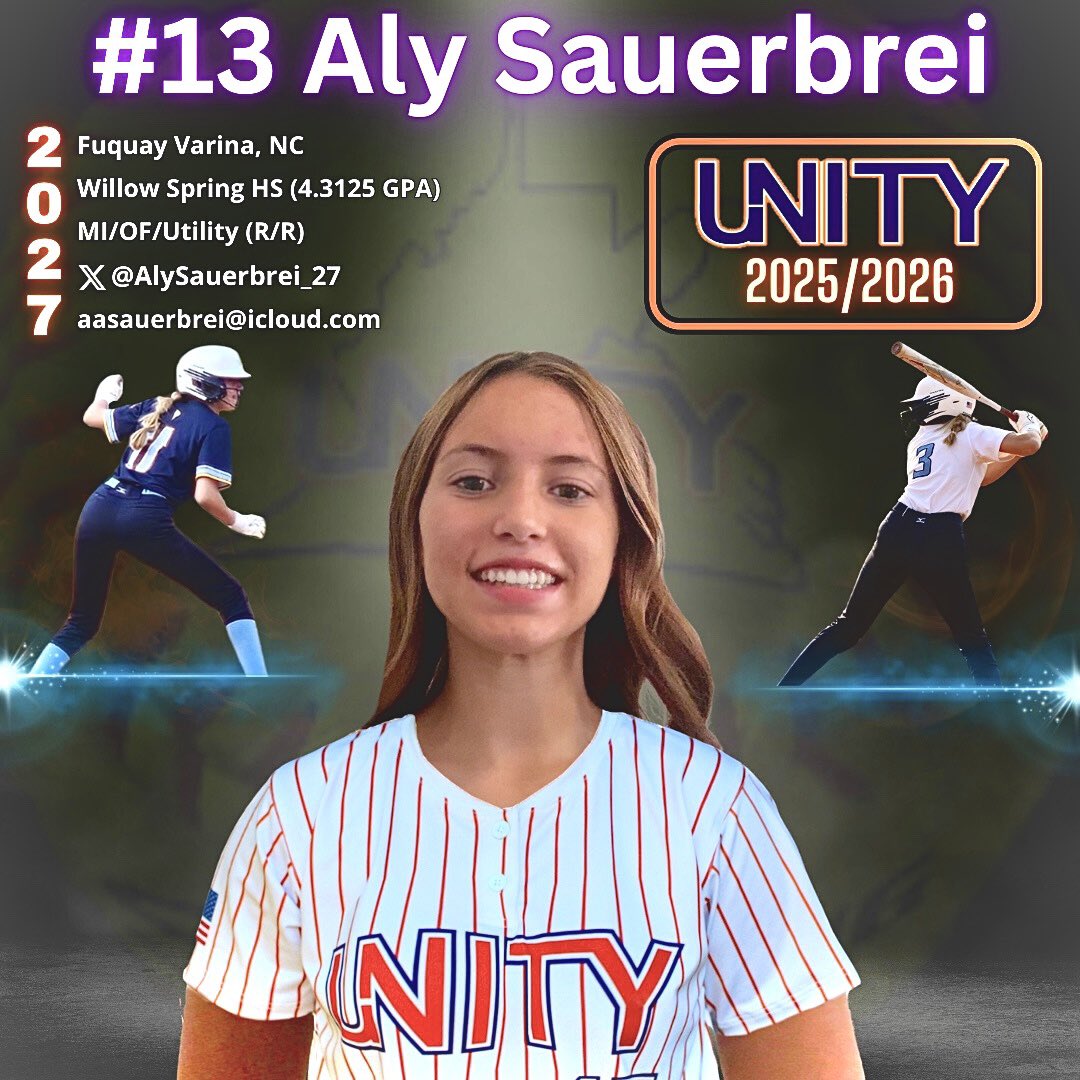 Unity-2025/2026 (@unity_2025_2026) on Twitter photo Welcome <a href="/AlySauerbrei_27/">Aly Sauerbrei</a> to our team. Aly is a 2027 lead-off hitter, MI/OF that brings athleticism, speed, versatility to our team and is a high-level student athlete with a 4.3 GPA! Her solid bat, speed on the bases and high π₯ IQ will be an immediate impact to our team. π§‘ππͺπ» Welcome <a href="/AlySauerbrei_27/">Aly Sauerbrei</a> to our team. Aly is a 2027 lead-off hitter, MI/OF that brings athleticism, speed, versatility to our team and is a high-level student athlete with a 4.3 GPA! Her solid bat, speed on the bases and high π₯ IQ will be an immediate impact to our team. π§‘ππͺπ»