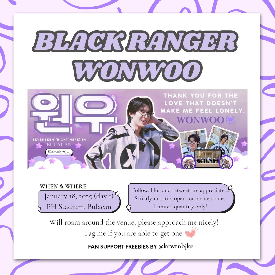 kcwtnbjke's tweet photo. 🖤 Black Ranger Wonwoo, Coming Through! 💜
— SEVENTEEN Right Here in Bulacan fan support freebies by @kcwtnbjke

★ january 18, 2025 (day 1)
★ follow, like, and rt are appreciated!
★ strictly 1:1 ratio
★ open for on-site trades

#SEVENTEEN_RIGHT_HERE_IN_BULACAN https://t.co/Vxb6U6HxtO