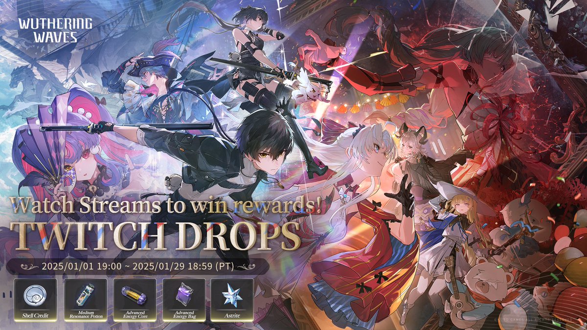 Dear Rovers,
V2.0 Wuthering Waves Twitch Drops event starts today!
Watch Wuthering Waves-related streams on Twitch to win various rewards including Astrite! Make sure to link your Twitch account and Wuthering Waves account to receive the rewards.
Event Duration: 2025/01/01 19:00