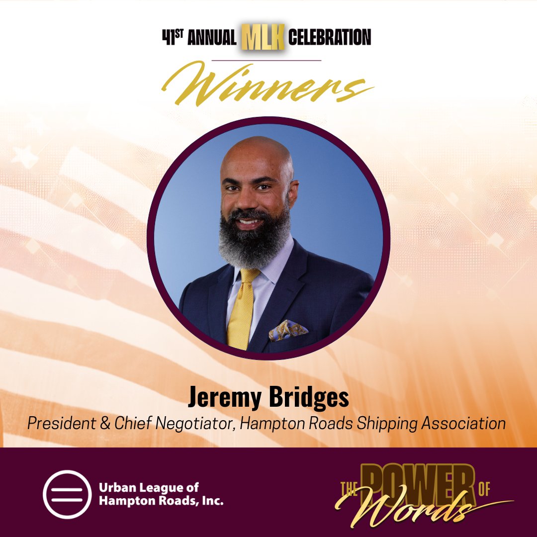 Start 2025 by celebrating leadership and progress! 🎉 On Jan. 16, we’ll honor Jeremy Bridges, President of HRSA, with the MLK Award for Economic Development for driving growth and innovation at the Port of Hampton Roads.

🎟️ Get tickets: ulhr.org/mlk-awards