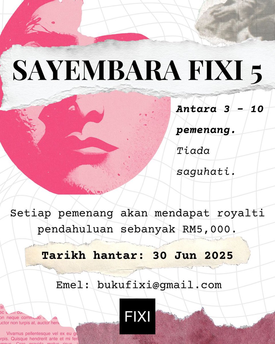 Buku Fixi (@bukufixi) on Twitter photo Sayembara Fixi 5
Ingin menulis buku Fixi? Ini caranya.
1. Emel manuskrip novel lengkap (50k-70k perkataan) bersama sinopsis 1 mukasurat dan biodata ke bukufixi@gmail.com hanya pada 30 Jun 2025. Apa-apa yang dihantar sebelum atau selepas tarikh itu tidak akan dibaca.
2. Terbuka Sayembara Fixi 5
Ingin menulis buku Fixi? Ini caranya.
1. Emel manuskrip novel lengkap (50k-70k perkataan) bersama sinopsis 1 mukasurat dan biodata ke bukufixi@gmail.com hanya pada 30 Jun 2025. Apa-apa yang dihantar sebelum atau selepas tarikh itu tidak akan dibaca.
2. Terbuka