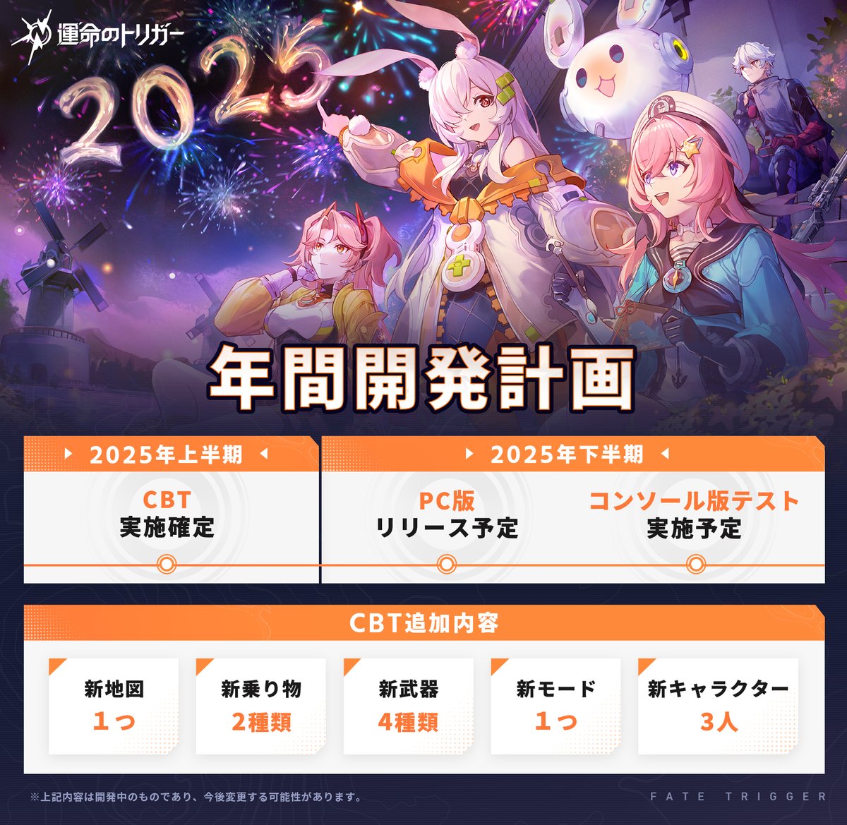 【開発メッセージ動画：情報まとめ🗒】

1/1(水)に公開した「開発メッセージ動画」の内容をRoadmap素材図にてお届けします🎍
ぜひご覧ください👀

2025年も『運命のトリガー』開発チーム一同、みなさんにいち早く正式版をお届けできるよう全力を尽くします！お楽しみに✨

▼ウィッシュリスト登録