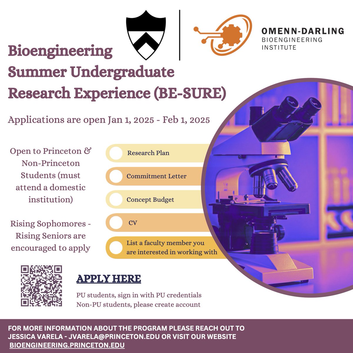Happy new year! Applications are now open for our 2025 Bioengineering Summer Undergraduate Research Experience (BE-SURE).

Apply here (non-PU students must create an account): gps.princeton.edu/index.cfm?Fuse…

More info: bioengineering.princeton.edu/undergraduate?…