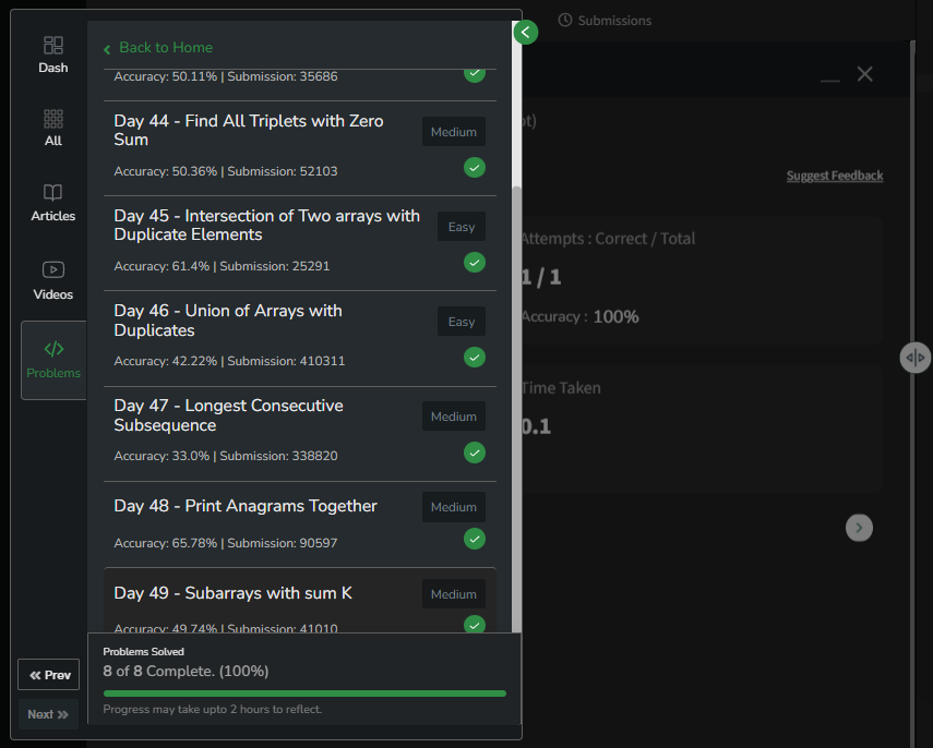 pandapratyush91's tweet image. Day 48 of @geeksforgeeks 160🚀
Solved "Subarrays with Sum K" by leveraging hash maps to dynamically track cumulative sums and efficiently count valid subarrays in O(N) time. Debugged and optimized code for seamless execution! 💡
#geekstreak2024 #DSA #subarrays #geeksforgeeks