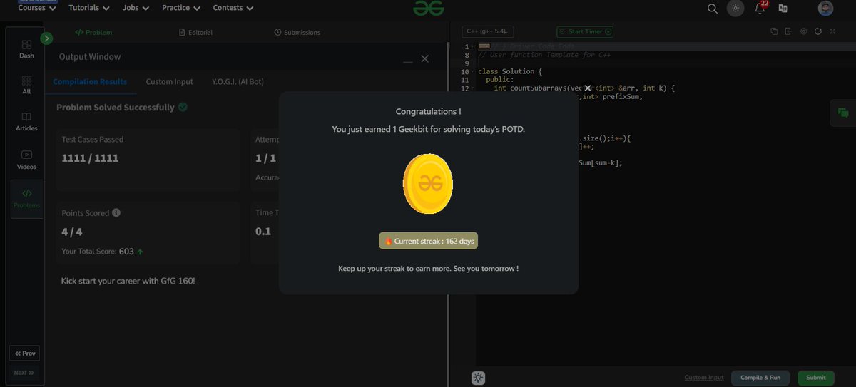 pandapratyush91's tweet image. Day 48 of @geeksforgeeks 160🚀
Solved "Subarrays with Sum K" by leveraging hash maps to dynamically track cumulative sums and efficiently count valid subarrays in O(N) time. Debugged and optimized code for seamless execution! 💡
#geekstreak2024 #DSA #subarrays #geeksforgeeks