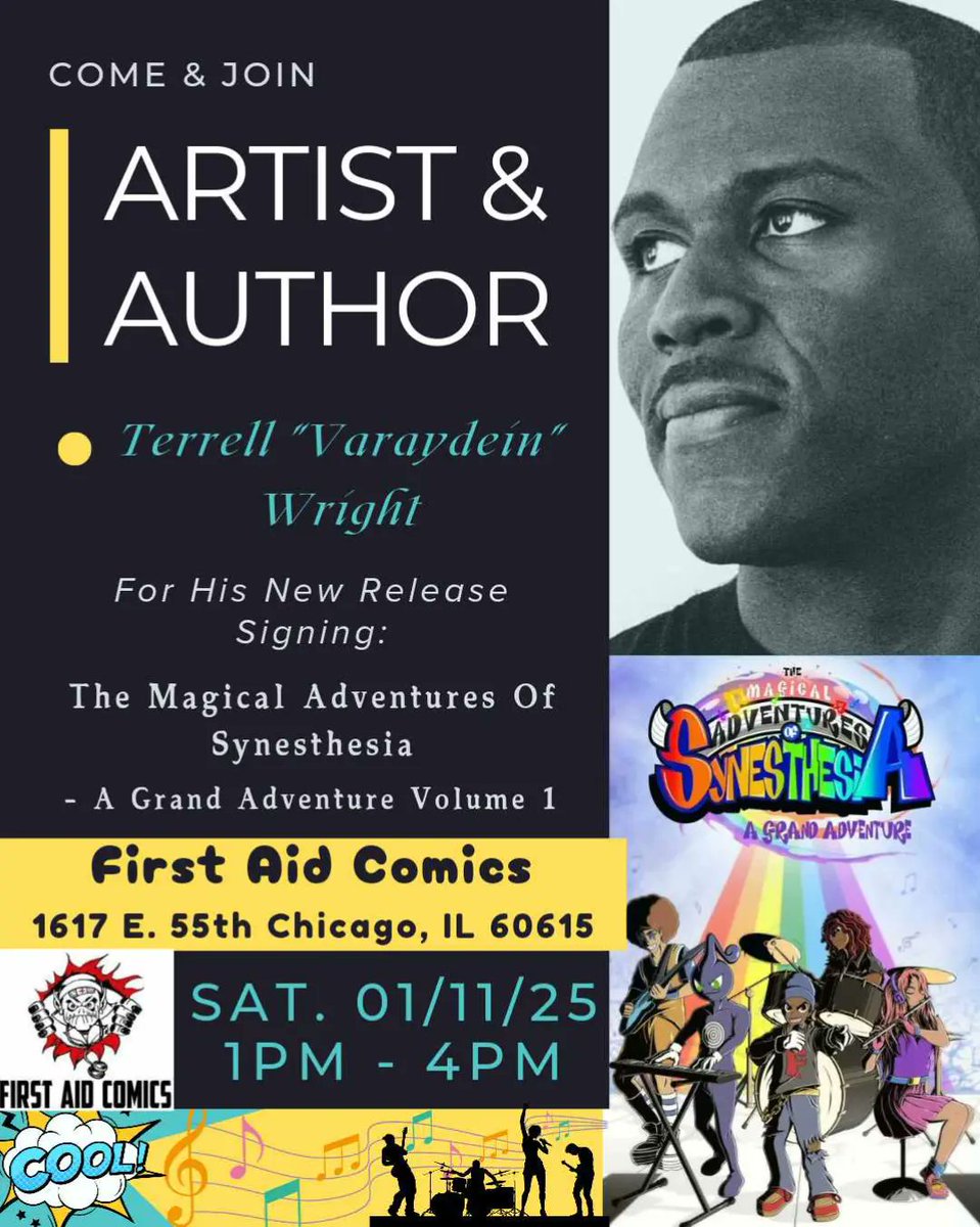 Varaydein's tweet image. Saturday, January 11th, 2025 

The Magical Adventures of Synesthesia - A Grand Adventure Volume 1.

Release Signing 

1pm to 4pm

First Aid Comics 

1617 E 55th Chicago, IL 60615

#tmaos #anime #mamga