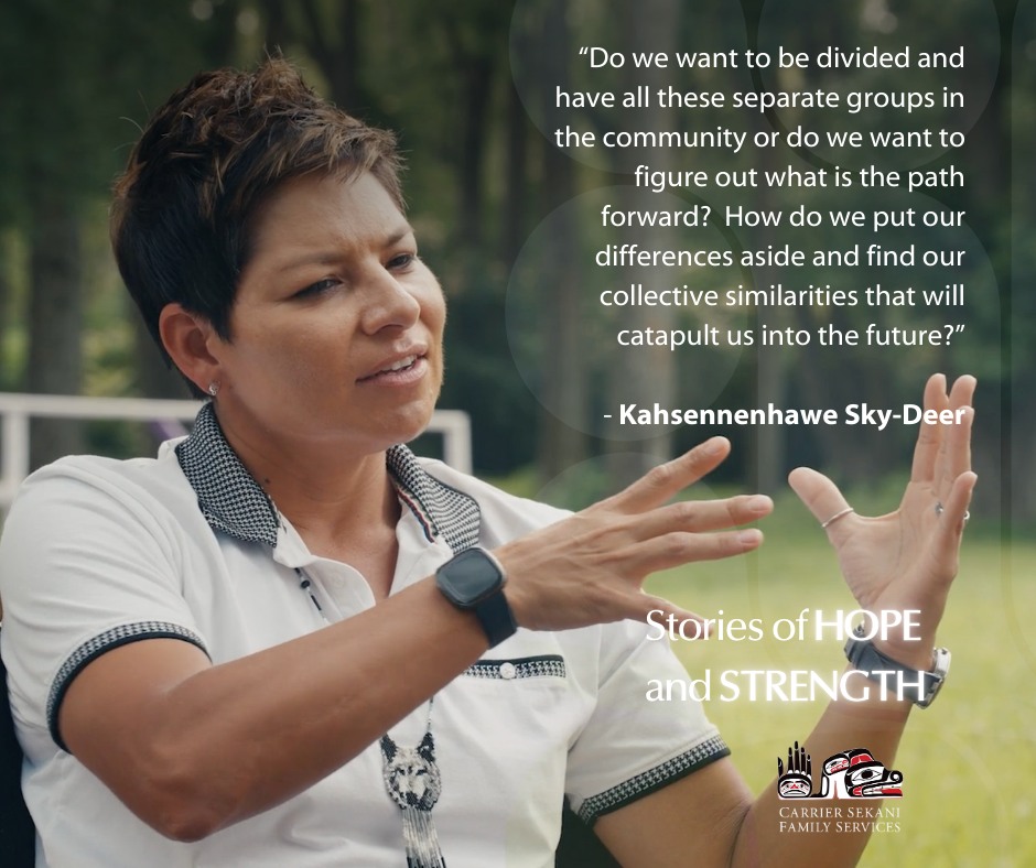 Kahsennenhawe Sky-Deer (she/her) is Kanien’kehá:ka, wolf clan and former Grand Chief of the Mohawk Council of Kahnawà:ke. She made history in 2021, when she was the first woman who also identifies as 2SLGBTQ+ to ever be elected to the position. In Legacy of Strength,