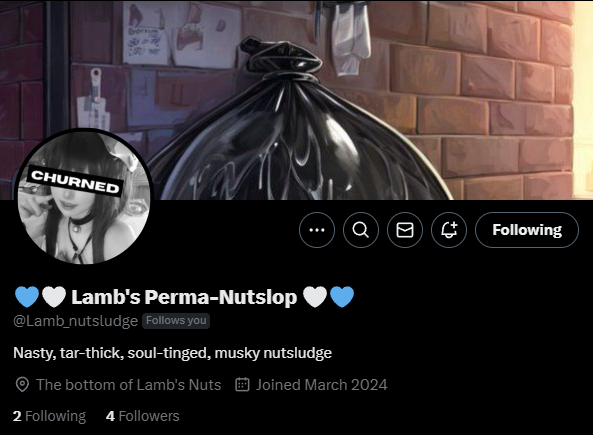 More of you should aspire to have your profiles
🤍 𝐁𝐞𝐚𝐮𝐭𝐢𝐟𝐢𝐞𝐝 💙 by the Lamb.

Just look at this satisfied churnslut!

She's a little... sloshy. So, don't worry about her not testifying about how much she 𝗹𝗼𝘃𝗲𝘀 what I've done with the place. Just trust me.~