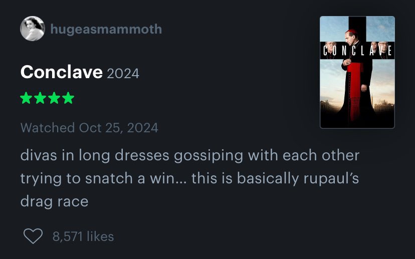 hugeasmammoth_'s tweet image. conclave giving me letterboxd fame omg