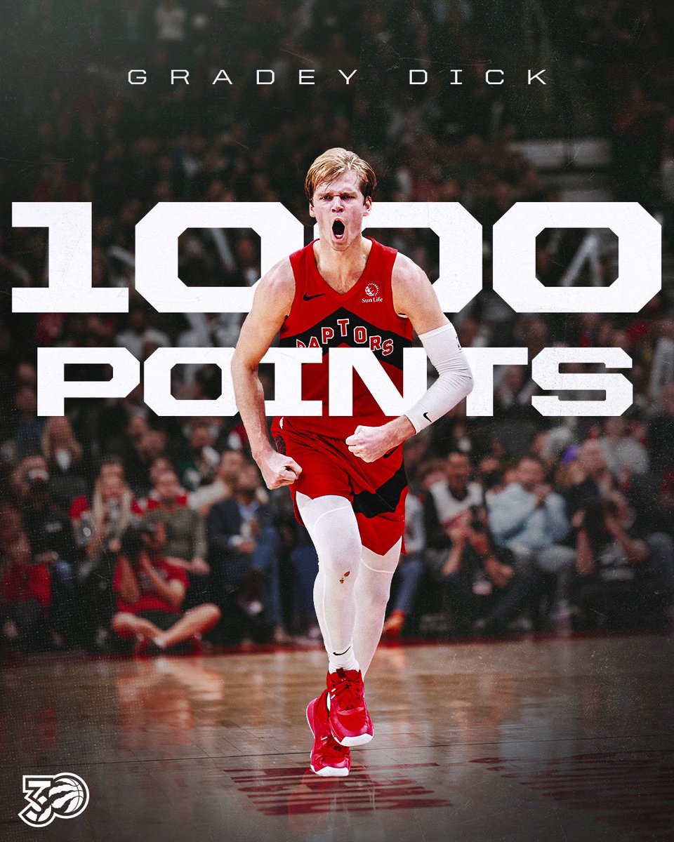 Toronto Raptors (@raptors) on Twitter photo 1000 Points Milestone ✅
<a href="/gradey_dick/">Gradey Dick</a> is the fourth youngest Raptor to reach 1000 points and the seventh fastest Raptor to do so 👏 1000 Points Milestone ✅
<a href="/gradey_dick/">Gradey Dick</a> is the fourth youngest Raptor to reach 1000 points and the seventh fastest Raptor to do so 👏