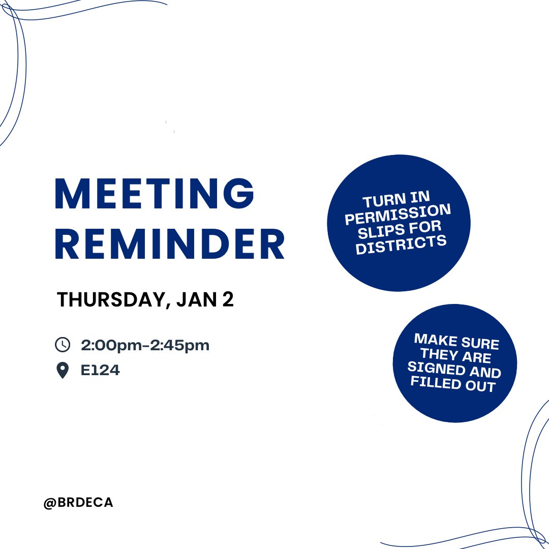 Happy New Year! 

Reminder that tomorrow we’ll have a meeting. Make sure to have your permission slips for districts ready to turn in.