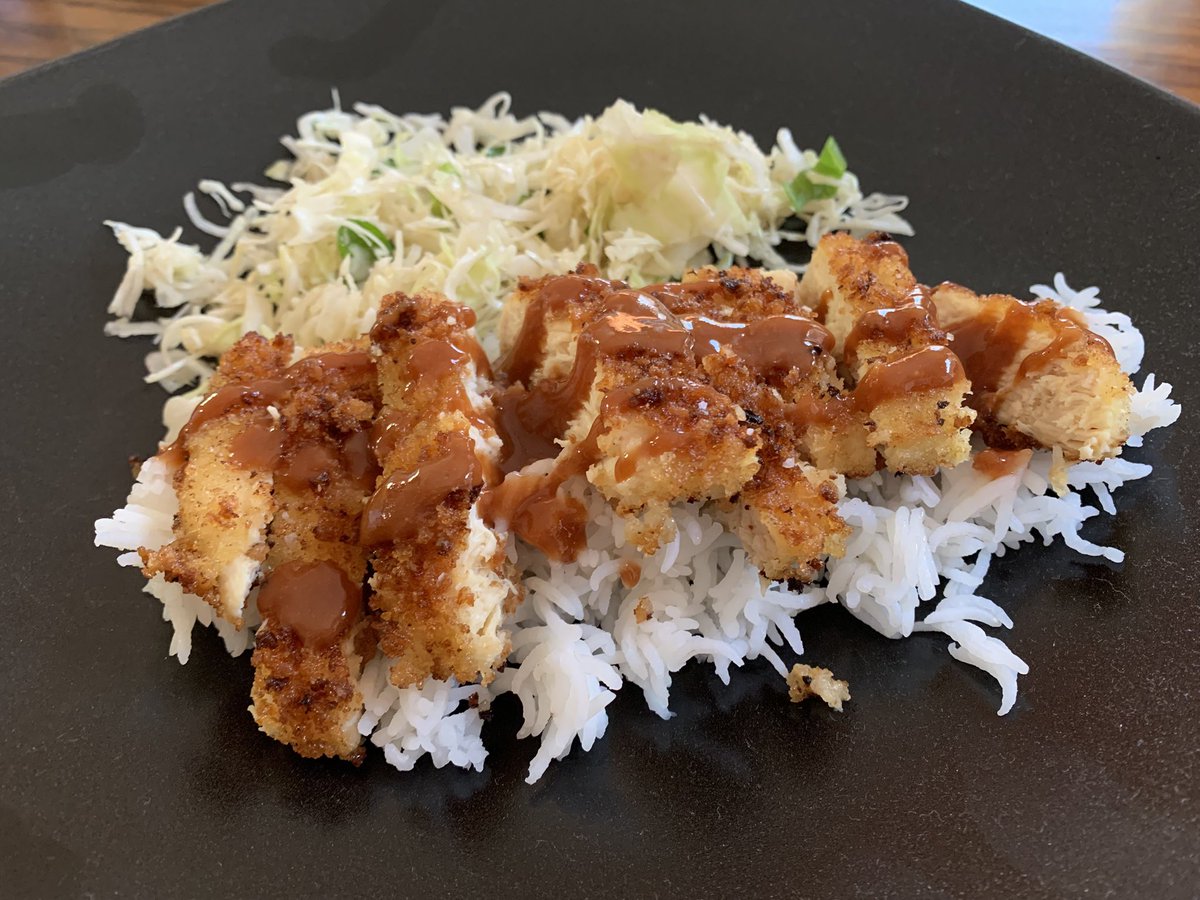 AtlantisCooking's tweet image. Chicken Katsu with Tonkatsu Sauce, Cabbage Salad, and Rice