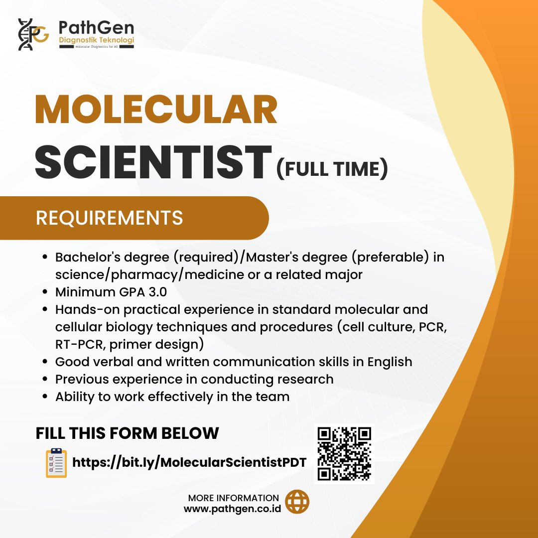[WE ARE HIRING]

Join Our Best Team!

Molecular Scientist

*Only shortlisted candidates will be contacted

Apply via bit.ly/MolecularScien…

#LowonganKerja #InfoLoker #LokerBogor #LokerJakarta #MolecularScientist #Hiring #JobOpportunity #OpenPosition #Loker

<a href="/SusantiKwan/">Susanti Susanti</a>