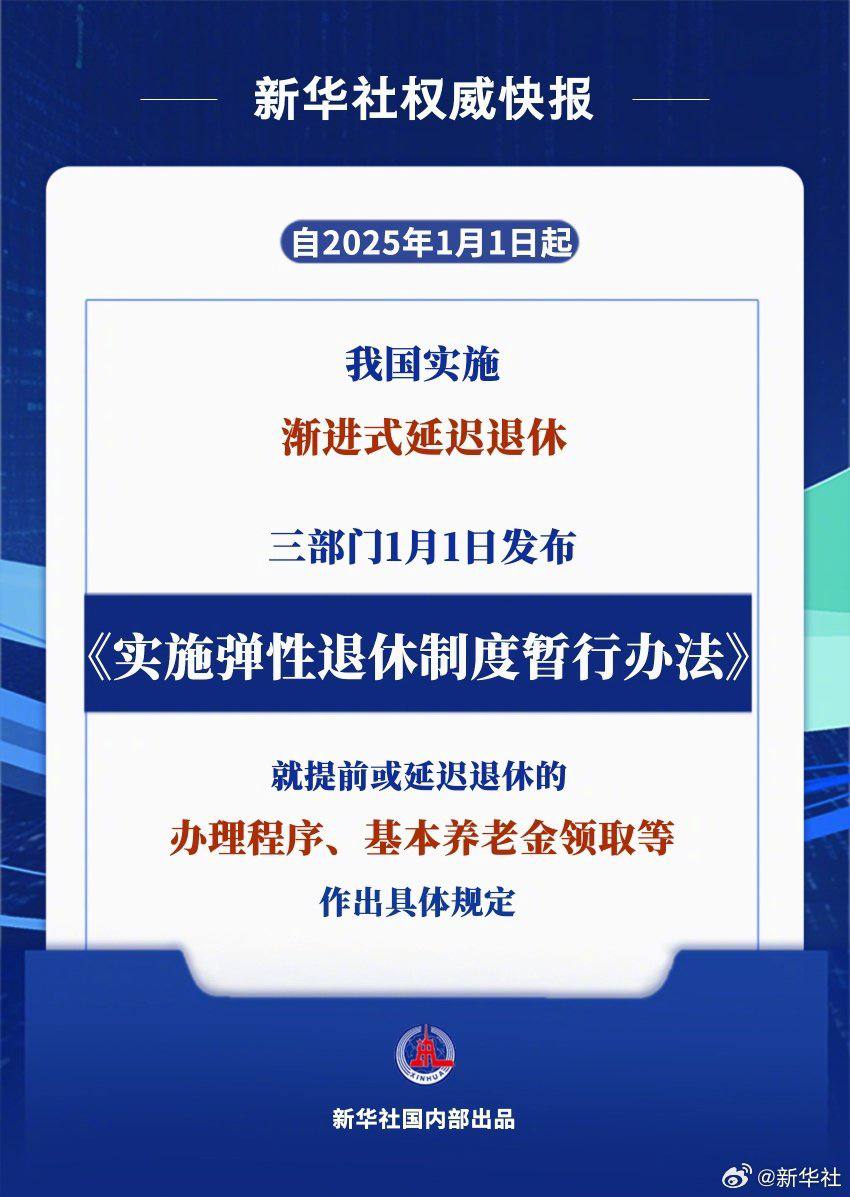 2025年1月1日 “渐进式延迟退休”从昨天开始正式实施。将用15年时间，延迟3-5年退休时间。并可由职工“自愿”选择额外弹性延迟退休3年。 