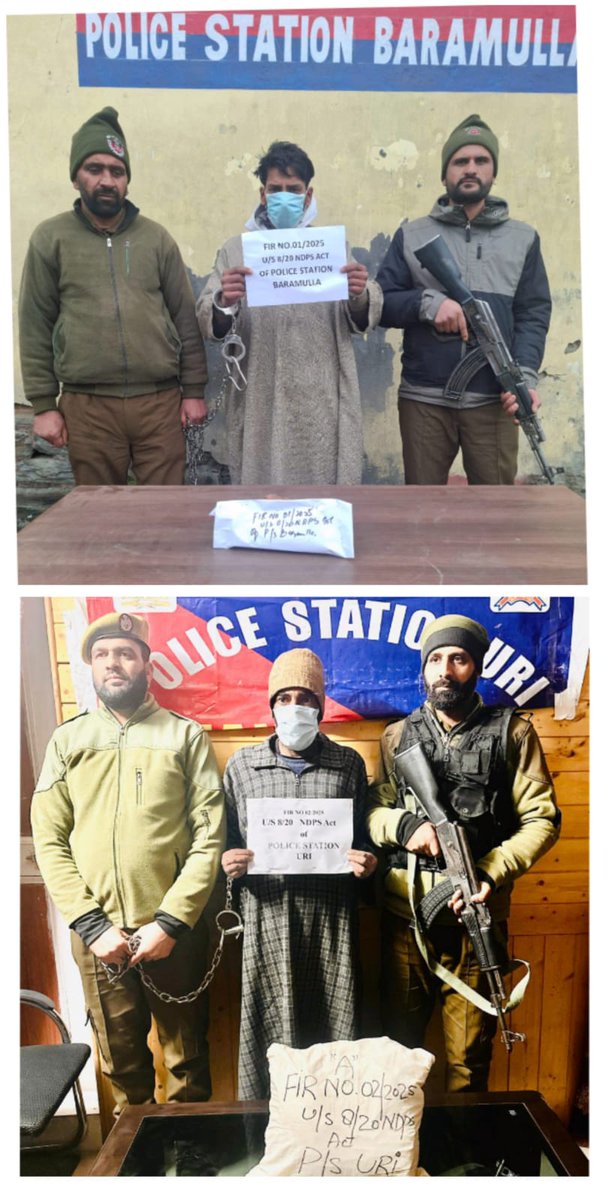 Baramulla Police (بارہمولہ پولیس) (@baramullapolice) on Twitter photo Police arrested 2 drug peddlers in Janbazpora & Uri, Baramulla; Contraband substance recovered.
<a href="/JmuKmrPolice/">J&K Police</a>
<a href="/KashmirPolice/">Kashmir Zone Police</a>
<a href="/DIGBaramulla/">DIG of Police NKR Baramulla</a>
<a href="/DCBaramulla/">Deputy Commissioner Baramulla</a>
<a href="/Gurinderpal_IPS/">Gurinderpal Singh, IPS</a> Police arrested 2 drug peddlers in Janbazpora & Uri, Baramulla; Contraband substance recovered.
<a href="/JmuKmrPolice/">J&K Police</a>
<a href="/KashmirPolice/">Kashmir Zone Police</a>
<a href="/DIGBaramulla/">DIG of Police NKR Baramulla</a>
<a href="/DCBaramulla/">Deputy Commissioner Baramulla</a>
<a href="/Gurinderpal_IPS/">Gurinderpal Singh, IPS</a>