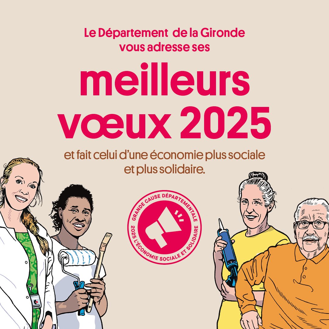 Le  département de la #Gironde vous adresse ses meilleurs vœux pour 2025, et fait celui d'une société plus juste, durable et solidaire 🫶

Cette année, la grande cause départementale sera consacrée à l'économie sociale et solidaire, l'énergie de la Gironde.

#Voeux2025 #ESS