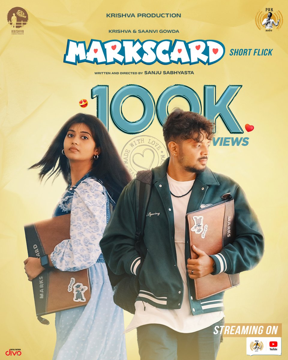 PRKAudio's tweet photo. Grand 100K views!
The response to #Markscard has been incredible! We're humbled and grateful. 🙏✴️
ಕನ್ನಡದ ಸಿನಿ ಪ್ರಿಯರ ಅಪಾರ ಬೆಂಬಲಕ್ಕೆ ನಾವು ಚಿರಋಣಿ... 😍
▶️ #Markscard short flick streaming now on PRK Audio YouTube channel
#Sabhyasta #HemanthKrishva #SaanviGowda
#KrishvaProduction https://t.co/wSJ3yqWh6y