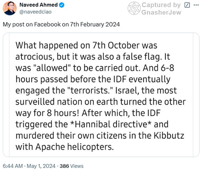 GnasherJew's tweet photo. It’s unbelievable that someone like Naveed Ahmed is head of a department that trains British Civil Servants @UKCivilService.

He spreads neo-Nazi grade antisemitism and tries to blame Israel for the attacks of 7th October.

Antisemitic Islamic extremists appear to have infiltrated every sphere of our society unchallenged by the police or the government. Link to our post about him in the reply post below.