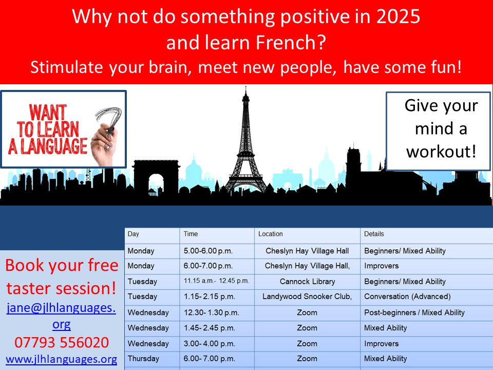 Bonne année! Looking for something new in 2025? Here are the details of our French classes that start next week.
Book your free taster session now! Classes for all abilities.
Contact Jane: jane@jlhlanguages.org and see our website for more info: jlhlanguages.org