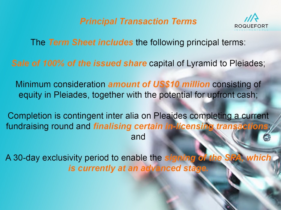 Roquefort Therapeutics (@roqueforttherap) on Twitter photo Sale of 100% of the issued share capital of Lyramid to Pleiades;
Minimum consideration amount of US$10 million consisting of equity in Pleiades, together with the potential for upfront cash
 
#ROQ #Biotech Sale of 100% of the issued share capital of Lyramid to Pleiades;
Minimum consideration amount of US$10 million consisting of equity in Pleiades, together with the potential for upfront cash
 
#ROQ #Biotech