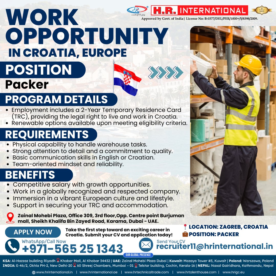 hrinewdelhi's tweet photo. 🌍 Exciting Work Opportunity in Croatia! 🌟
Join as a Packer in Zagreb with a 2-Year TRC! Competitive salaries, cultural immersion, and career growth await. Take the first step today! 📩
#WorkInCroatia #GlobalCareers #PackerJobs #EuropeOpportunities #HRInternational https://t.co/rogLVukzRF
