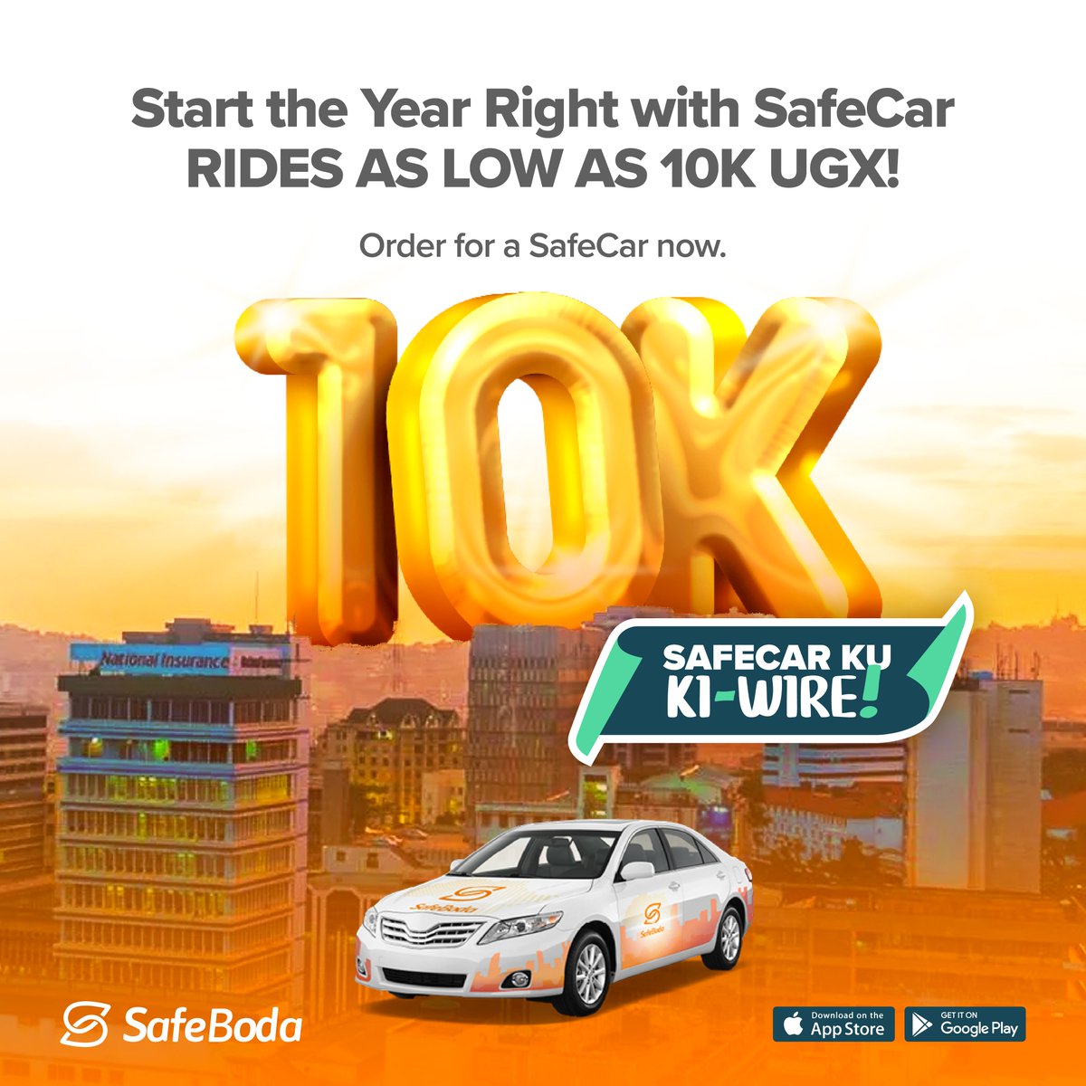 What can 10K do? It gets you a SafeCar ride! 

Start your year right with our reduced fares—just 10,000 UGX for a SafeCar! 
Because January is tough, but we’ve got your back. Order for a SafeCar now!
#SafeCarKuKiWire