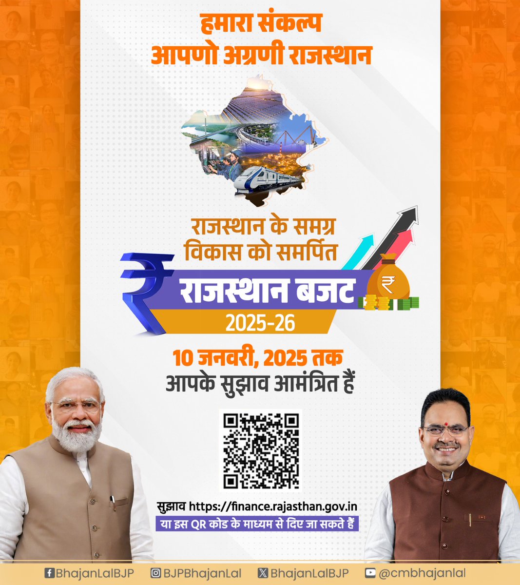 राजस्थान के समग्र विकास हेतु समर्पित राजस्थान बजट 2025-26 के लिए दिनांक 10 जनवरी, 2025 तक आपके बहुमूल्य सुझाव आमंत्रित हैं।

सुझाव finance.rajasthan.gov.in/apps/p_apps/bs… अथवा संलग्न QR कोड के माध्यम से प्रेषित किए जा सकते हैं।

आपका प्रत्येक विचार एवं सुझाव राजस्थान के समग्र विकास में