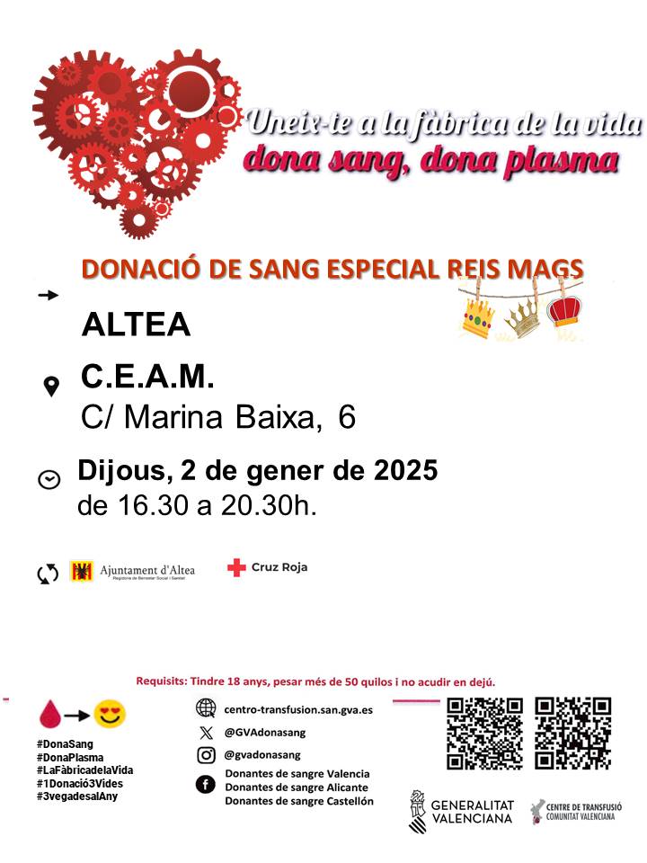 Dona sang en #Altea
📆Dijous #2gener

Comença el #2025 de la millor manera,👉 #regalavida! 🩸
🏥 La demanda de sang dels hospitals valencians necessita la col·laboració de 650 donants cada dia.