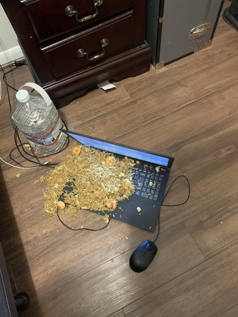 drop disaster food computer shatter ,. new year already ruin ,. will kill self