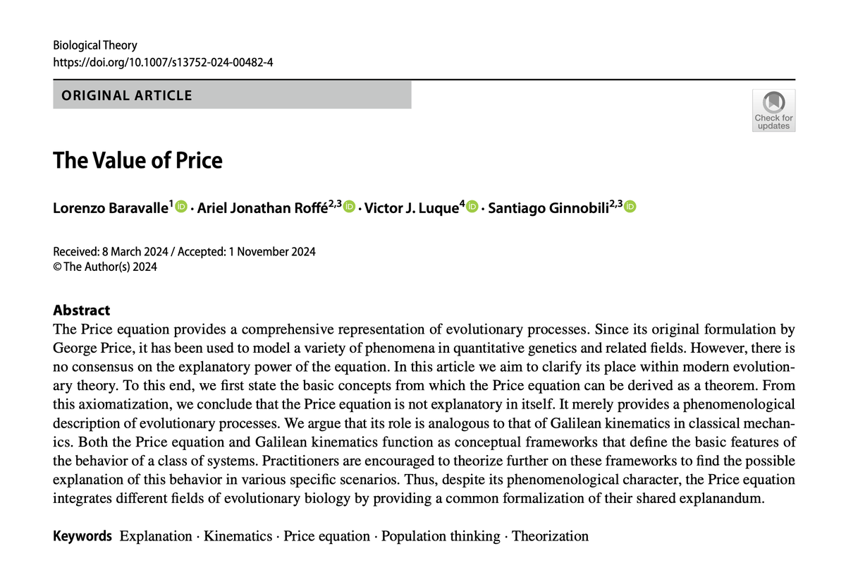 BiolTheory's tweet photo. ➡️New article out⬅️

"The Value of Price"

by Lorenzo Baravalle, Ariel Jonathan Roffé, Victor J. Luque &amp; Santiago Ginnobili

Open access: https://t.co/W8PqNOwE86 https://t.co/G2O1ZPga11