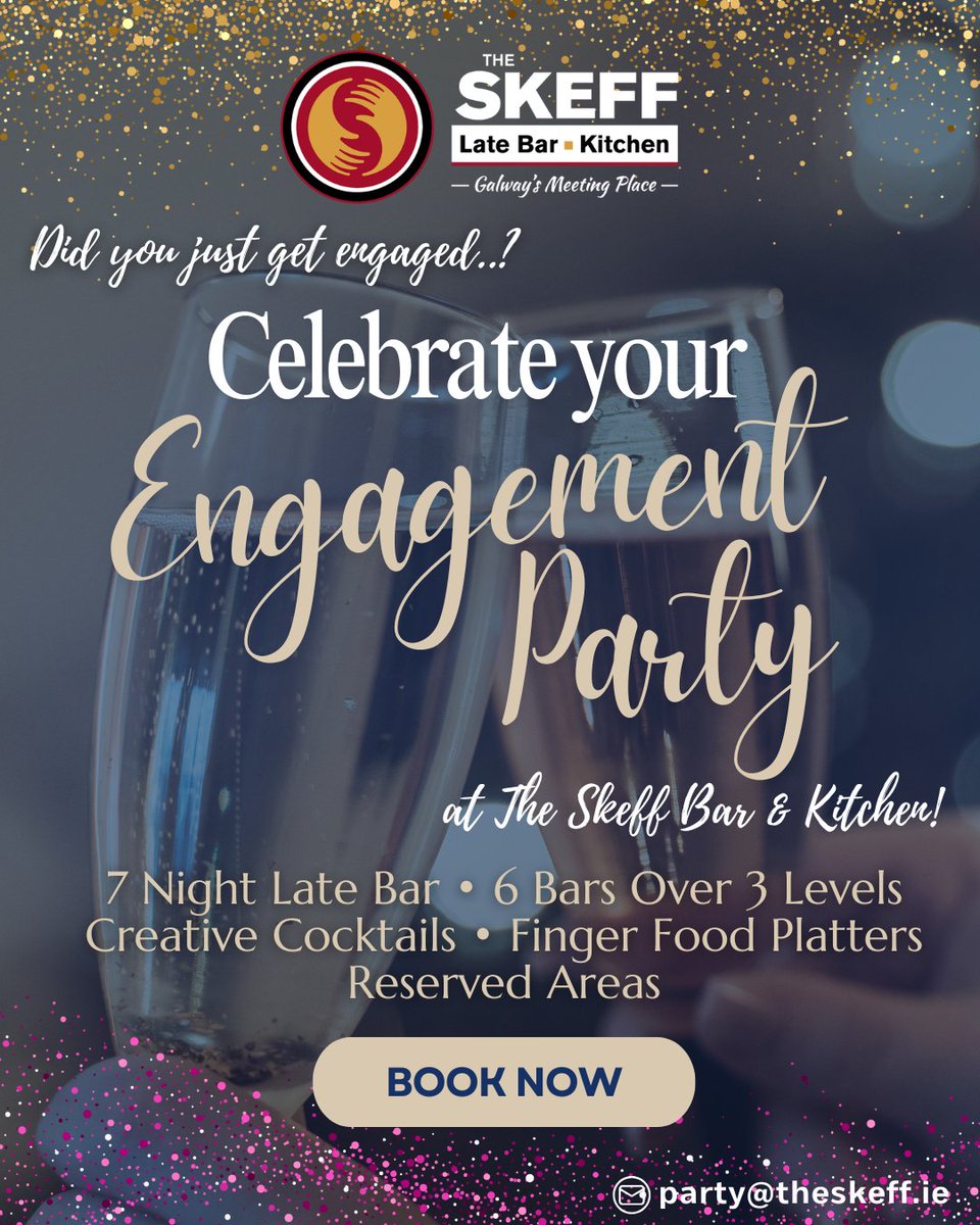 TheSkeffBar's tweet image. Have you recently gotten engaged? Celebrate in The Skeff Bar &amp;amp; Kitchen, Galway’s number 1 party destination. Contact us today to book your party: bit.ly/3ZTyYiZ

#IrishPubAwards2024 #regionalwinners #VFI #LVA #Irishpubs #pubsofireland #awards #TheSkeffBar #CEA24Winner