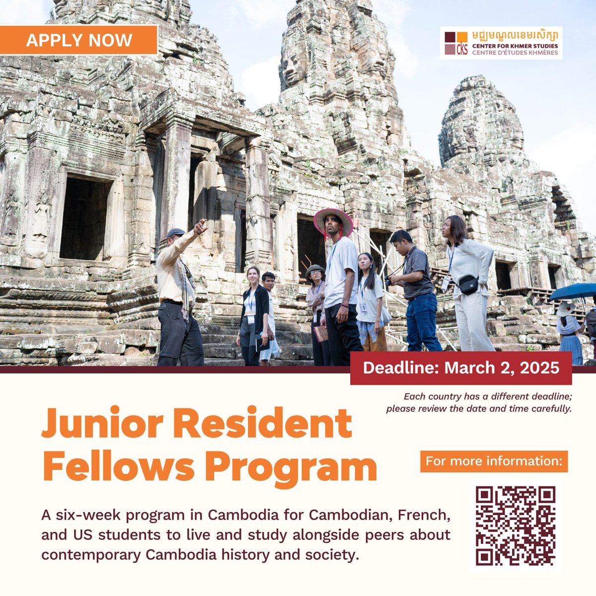 ckscambodia's tweet photo. Apply now for the Junior Resident Fellows Program (#JRFP), a six-week fellowship in Cambodia to gain a deeper understanding of Cambodian history and society while engaging in cross-cultural exchanges.
Deadline: March 2, 2025 at 11:59 pm (EST)
Learn more: https://t.co/ZRj4cXQGEy https://t.co/rZ5LnvlTd3