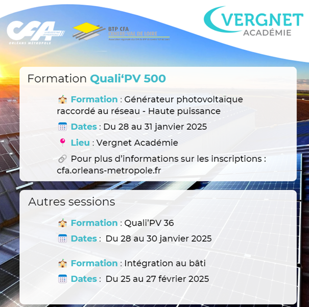 VergnetEnergy's tweet photo. Ne manquez pas nos prochaines formations Quali’PV !

🎓 Rejoignez nos sessions de formation photovoltaïque organisées par Vergnet Académie, en partenariat avec le CFA Orléans Métropole et le BTP CFA Centre-Val de Loire :

🔗 Infos et inscriptions ici : https://t.co/aI62a54N8Z https://t.co/xLcSGnJTdT