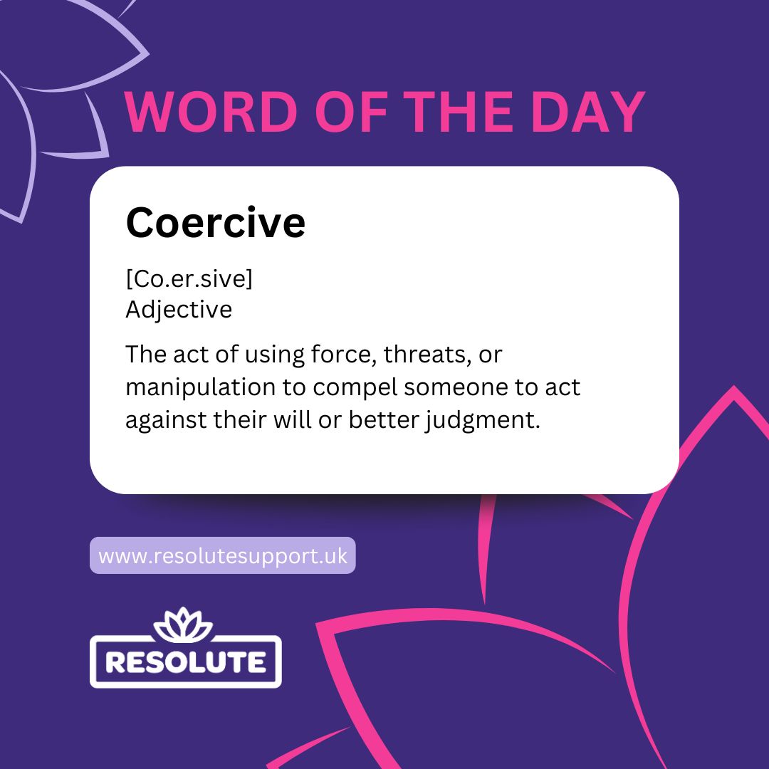 ResoluteSupport's tweet image. ✍️ The word of the day is #coercive.

Coercive behaviour in a relationship involves #controlling, #manipulative actions that make one partner feel pressured or forced to comply against their will. 

🪷 We&apos;re here if you need to talk. #DomesticAbuse