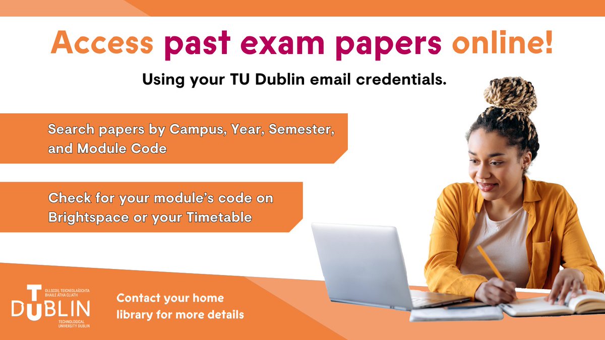 Access past exam papers here: tudublin.ie/library/search…
To login, use your TU Dublin email address and password.
Exam papers are organised by campus, year, semester, and module code.
For help, contact your home library or visit our library guides here:
tudublin.libguides.com/c.php?g=690539…