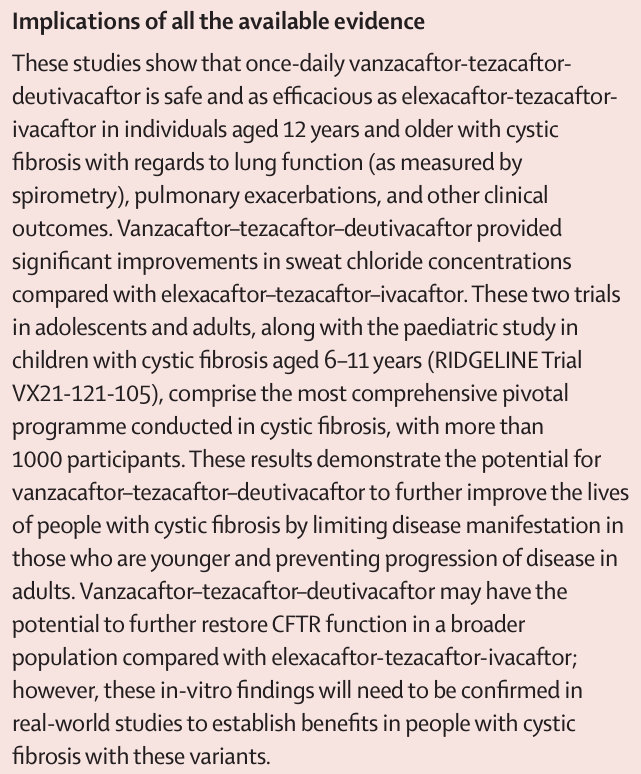 🚨 New in The Lancet Respiratory Medicine

Phase 3 data on vanzacaftor–tezacaftor–deutivacaftor in #cysticfibrosis

Read open access here:
Patients aged 6–11 years tinyurl.com/446ju86t
Patients aged 12 years and older tinyurl.com/5y453b56