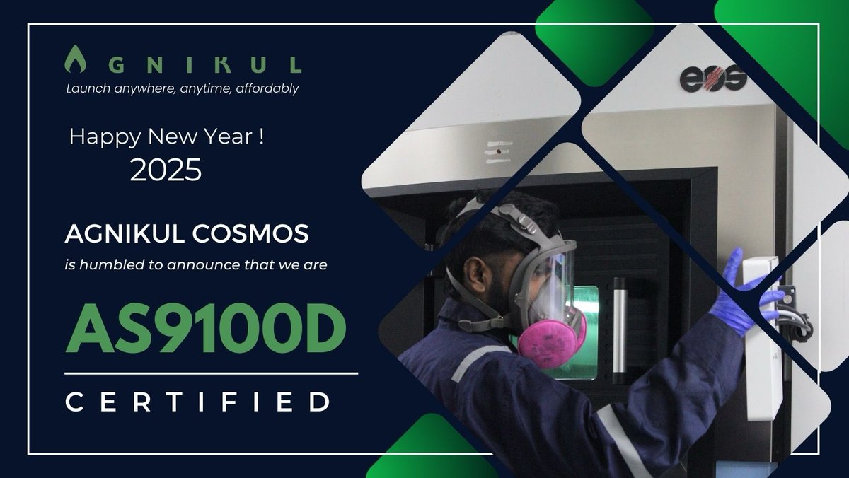 AgnikulCosmos's tweet image. Happy new year!
Humbled to announce that Agnikul is officially AS9100D certified. A big thank you to everyone who played a part in reaching this milestone. Here’s to reaching new heights in Product Quality in 2025!
Also, to celebrate the New Year, enjoy 7% off on all products on…