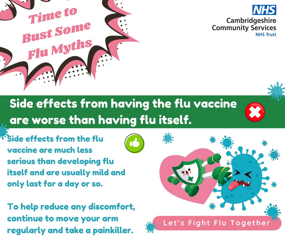 We're aiming to bust some myths about the flu vaccine! Myth 8 – Side effects from having the flu vaccine are worse than having flu!❌ CCS staff, don’t delay, book your flu jab today – search ‘flu’ on the staff intranet! #CCSFlu #Flujab #GoTeamCCS